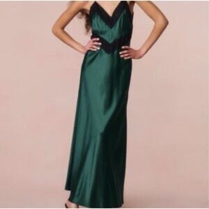 LoveShackFancy Emerald Green and Black Satin Maxi Dress